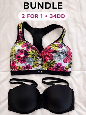 Victoria's Secret VSX Bra Bundle 34DD Floral + Black Strapless